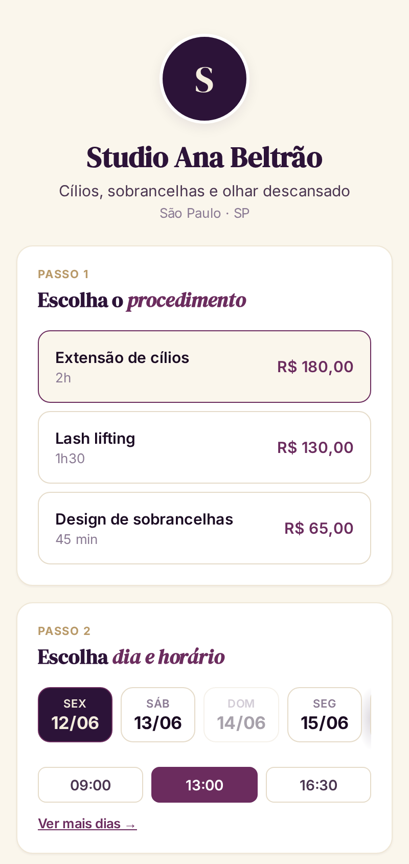 Página pública de agendamento do Vênus Control no celular: a cliente escolhe procedimento, dia e horário
