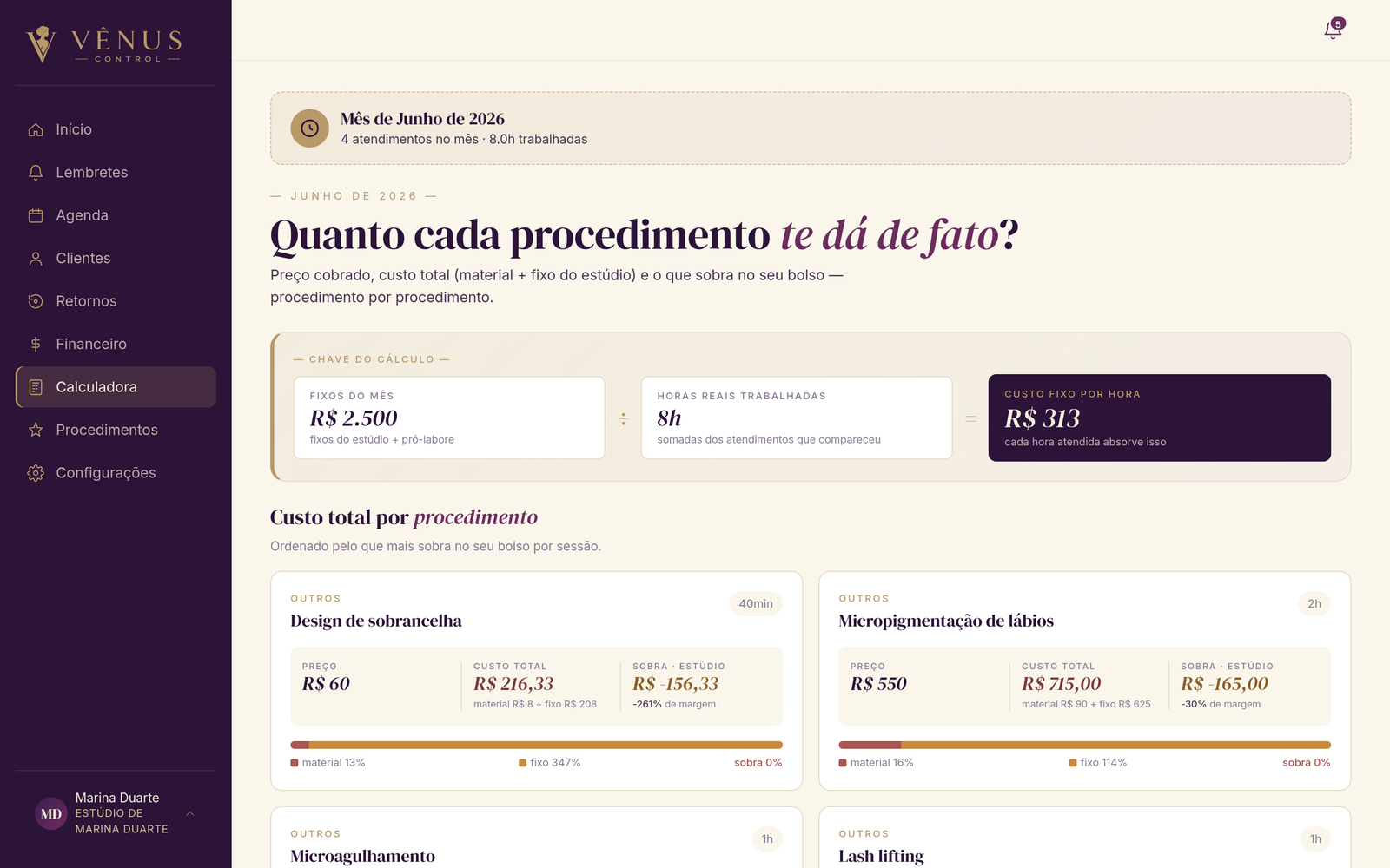 Calculadora de custos do Vênus Control