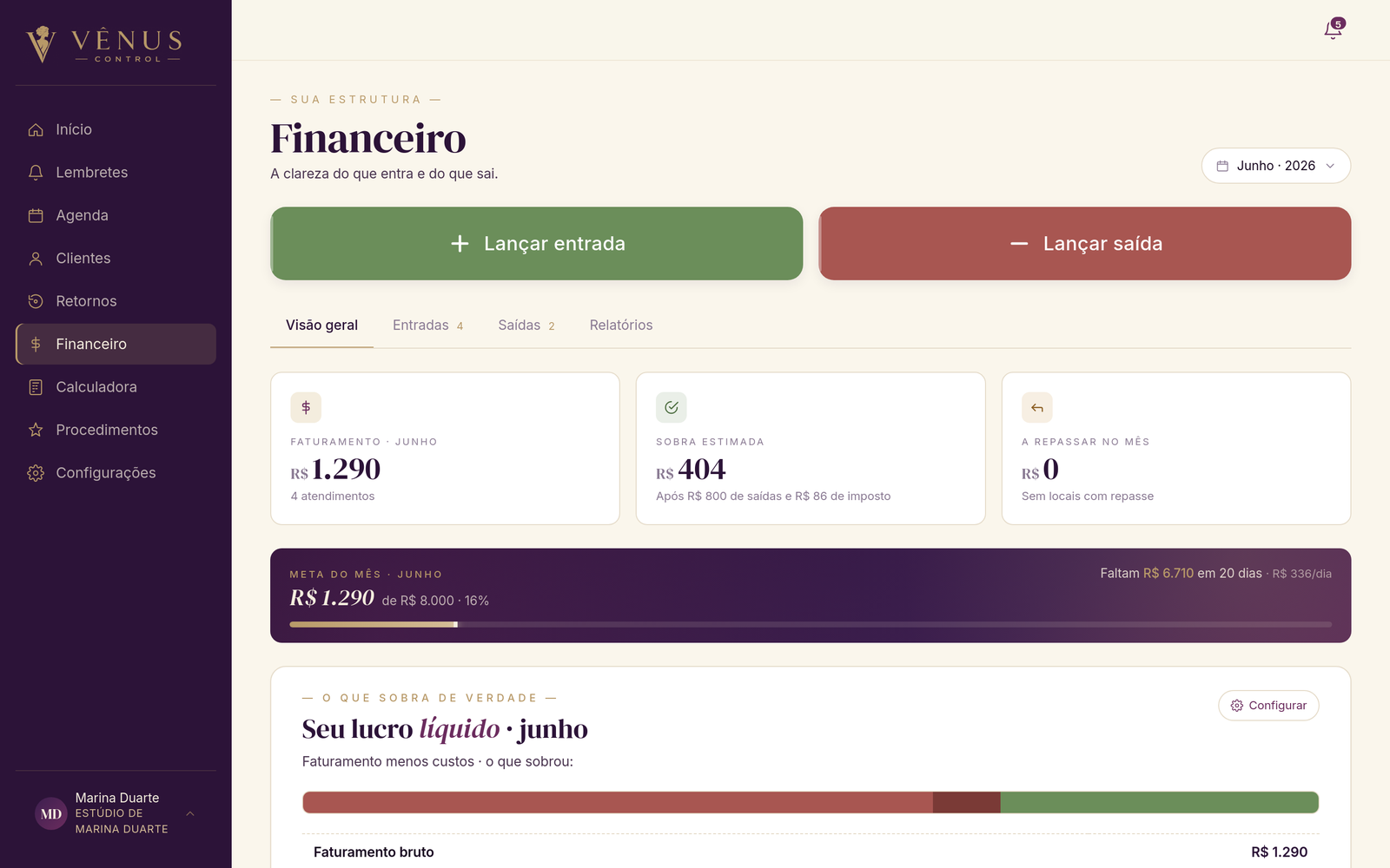 Controle financeiro do Vênus Control