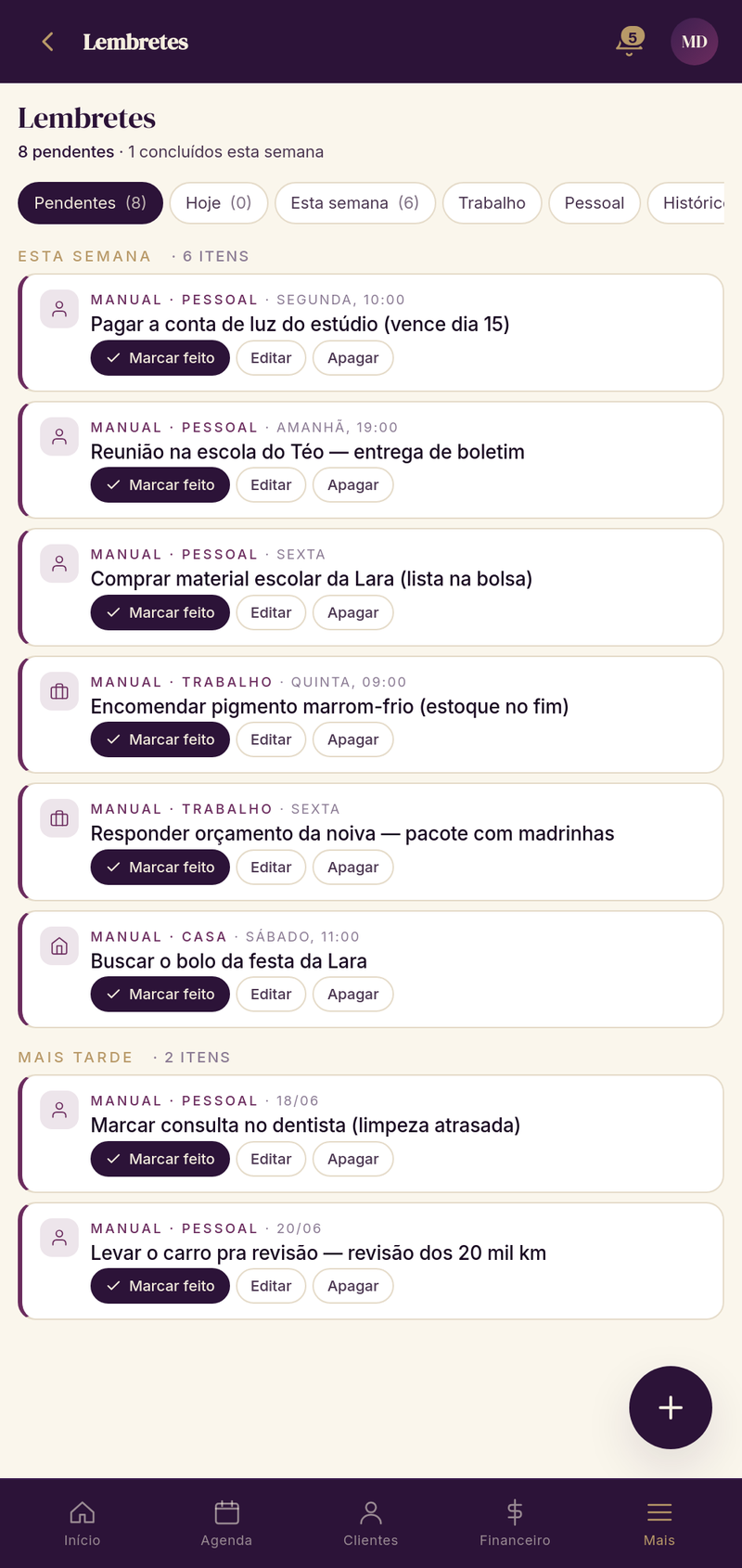 Lembretes do Vênus Control