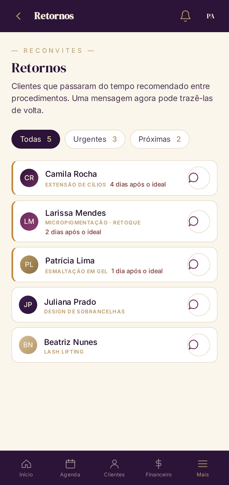 Tela de retornos do Vênus Control: clientes na hora de voltar, com aviso de urgência e mensagem pronta pro WhatsApp